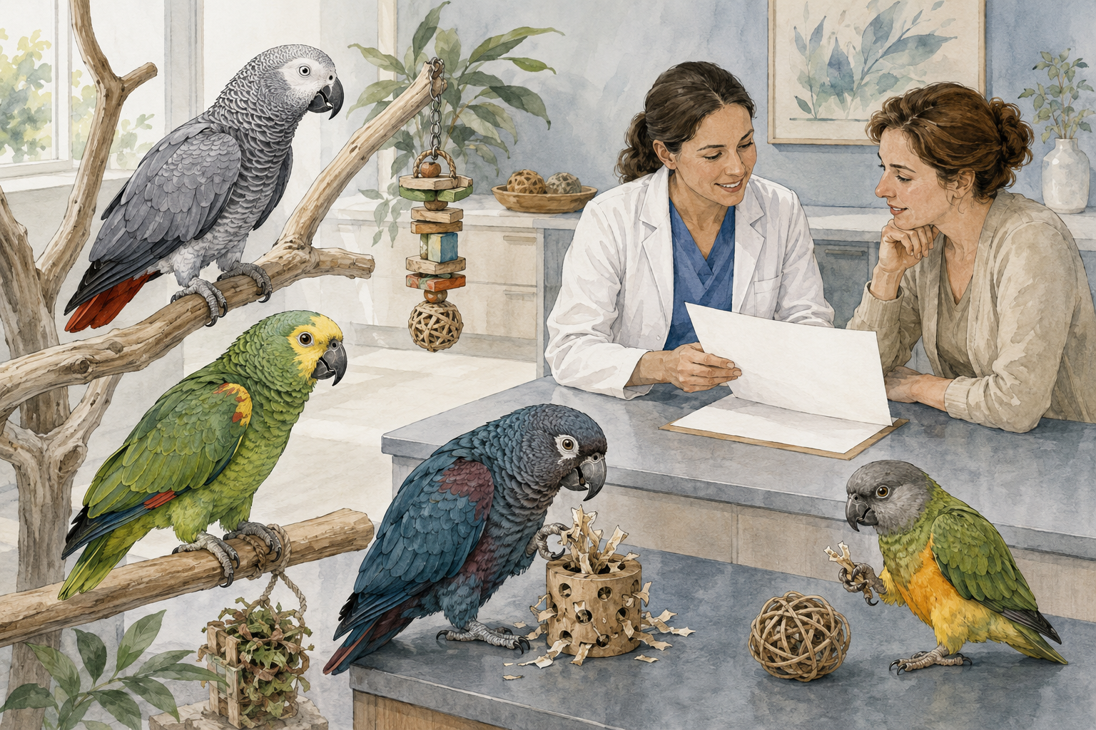 African grey, Amazon, Pionus and Senegal parrot in a spacious enrichment setting