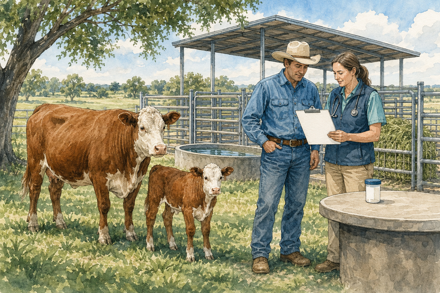 Veterinarian and owner reviewing a herd plan beside a healthy cow and calf