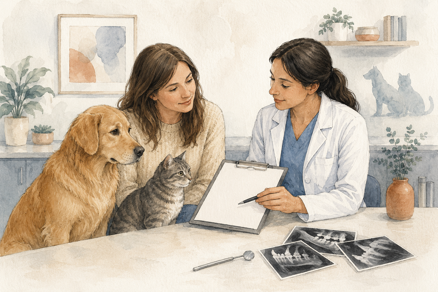 Veterinarian and caregiver reviewing a dental plan with a calm dog and cat