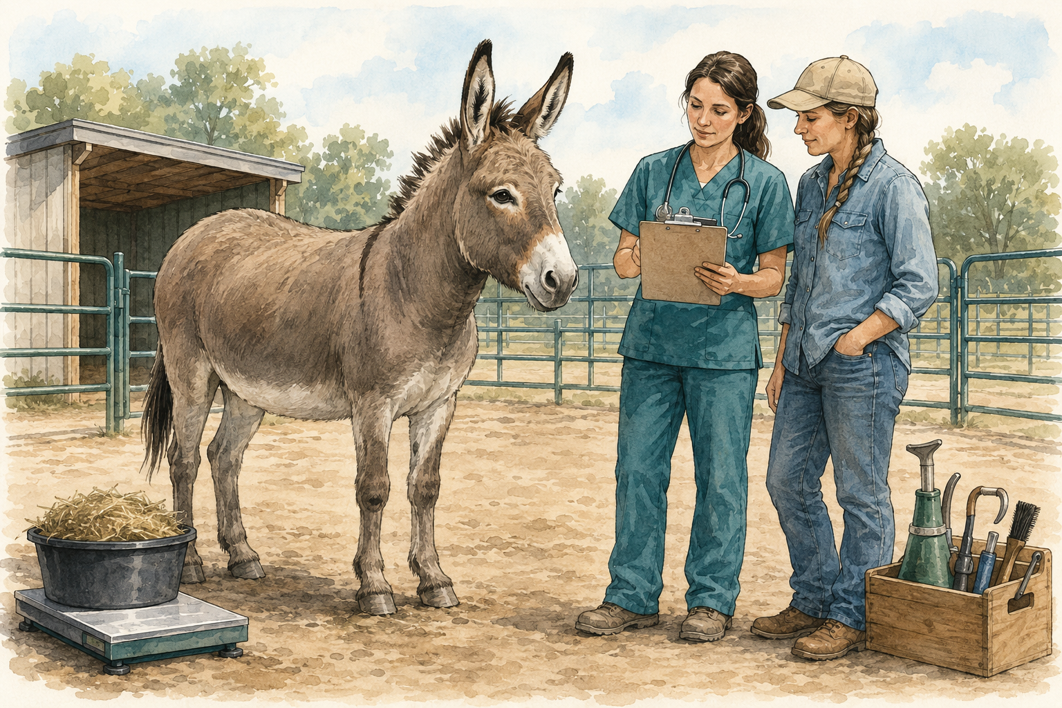 Veterinarian and owner reviewing a health plan beside a healthy donkey