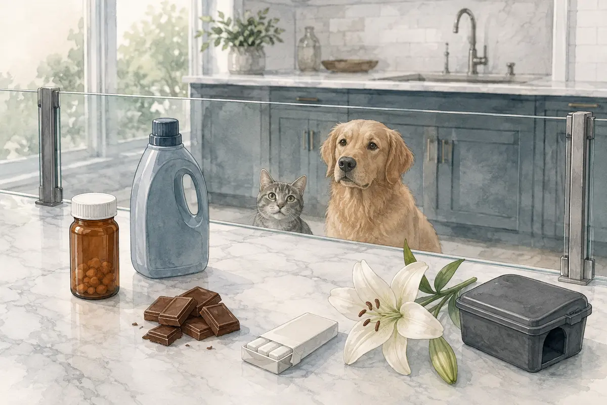 Common household hazards kept safely separated from a dog and cat, including medication, cleaner, chocolate, gum, a lily, and rodent bait