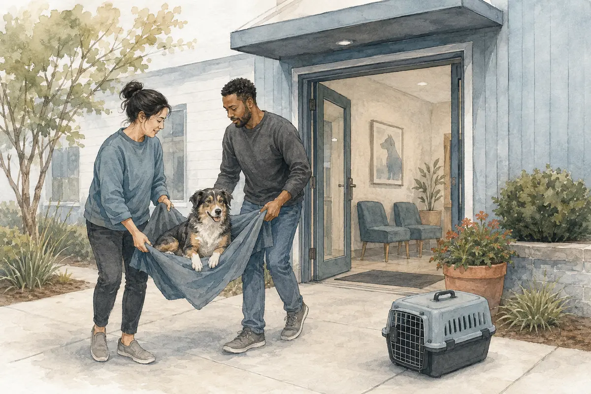 Two caregivers safely carrying a dog on a blanket toward a veterinary hospital with a secure cat carrier nearby
