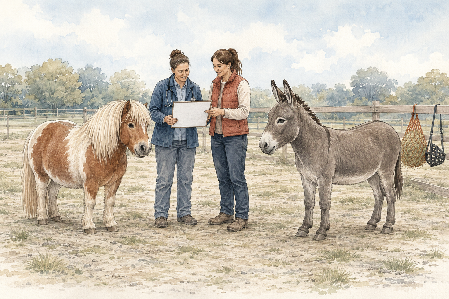 Pony and donkey in a managed paddock while a veterinarian and caregiver review a monitoring plan
