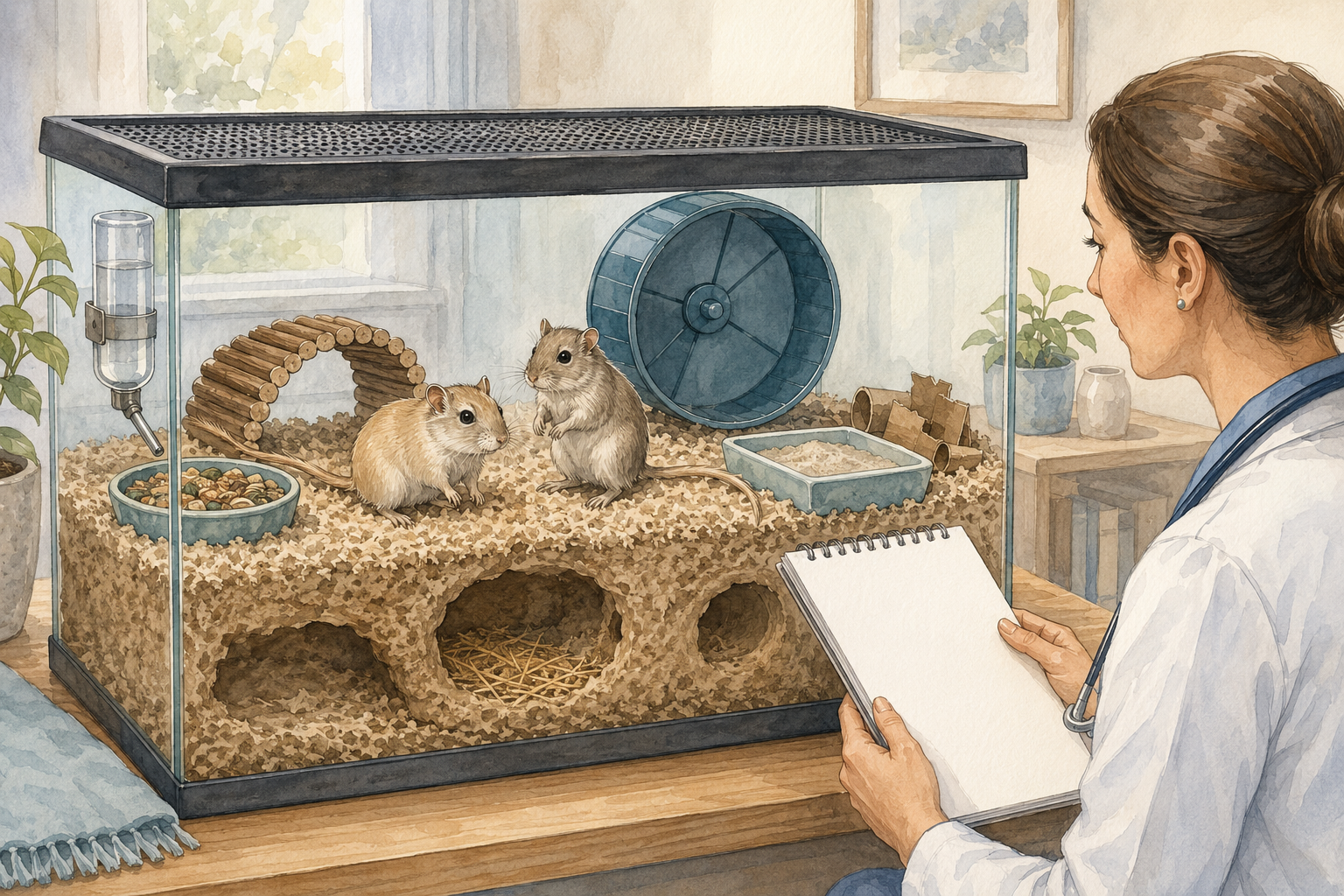 A compatible pair of gerbils in a deep-bedding habitat with tunnels, chews and a sand bath