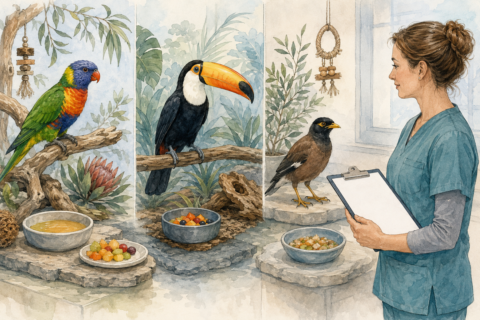 Lorikeet, toucan and mynah in clean specialist bird habitats with a veterinary care plan
