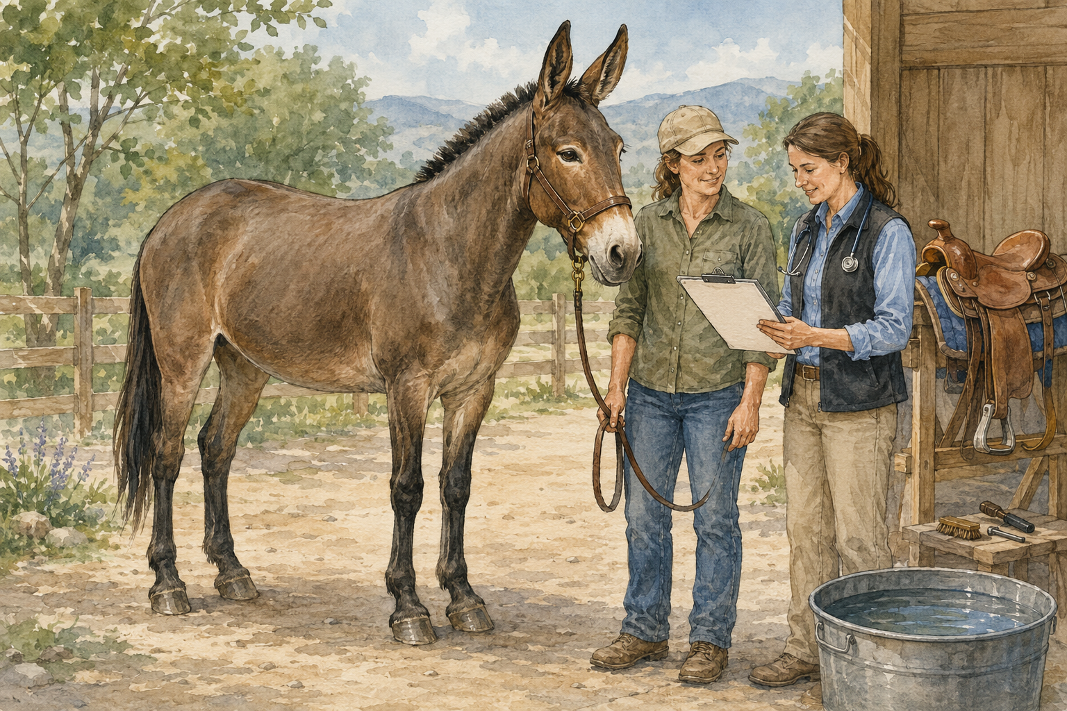 Veterinarian and owner reviewing a health plan beside a healthy mule