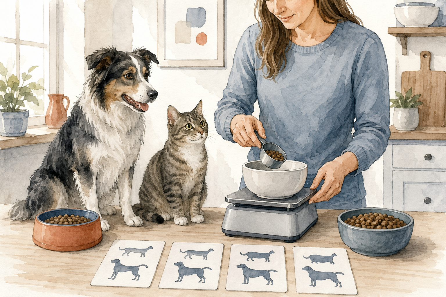 Caregiver measuring pet food portions for a healthy dog and cat