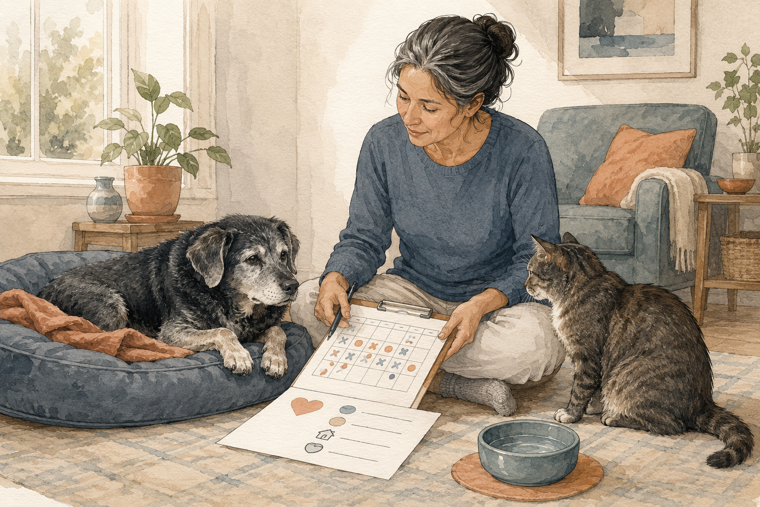 Caregiver sitting peacefully with an elderly dog and cat while reviewing a comfort plan