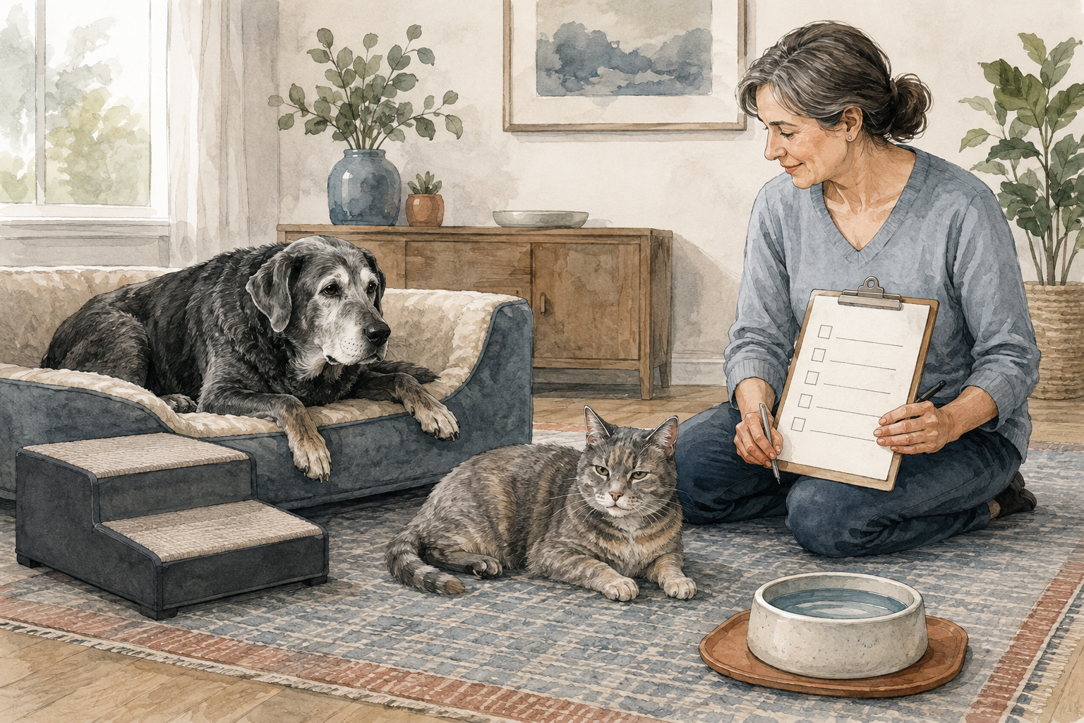 Older dog and cat resting comfortably while a caregiver reviews a wellness plan