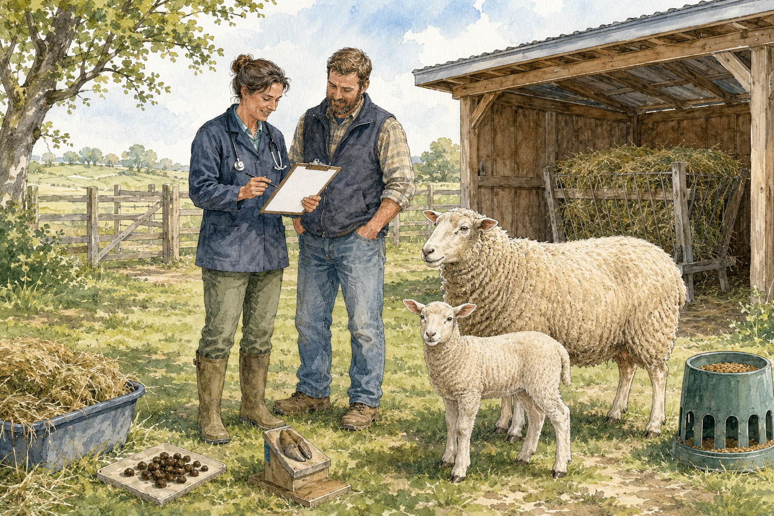 Veterinarian and owner reviewing a flock plan beside a healthy ewe and lamb