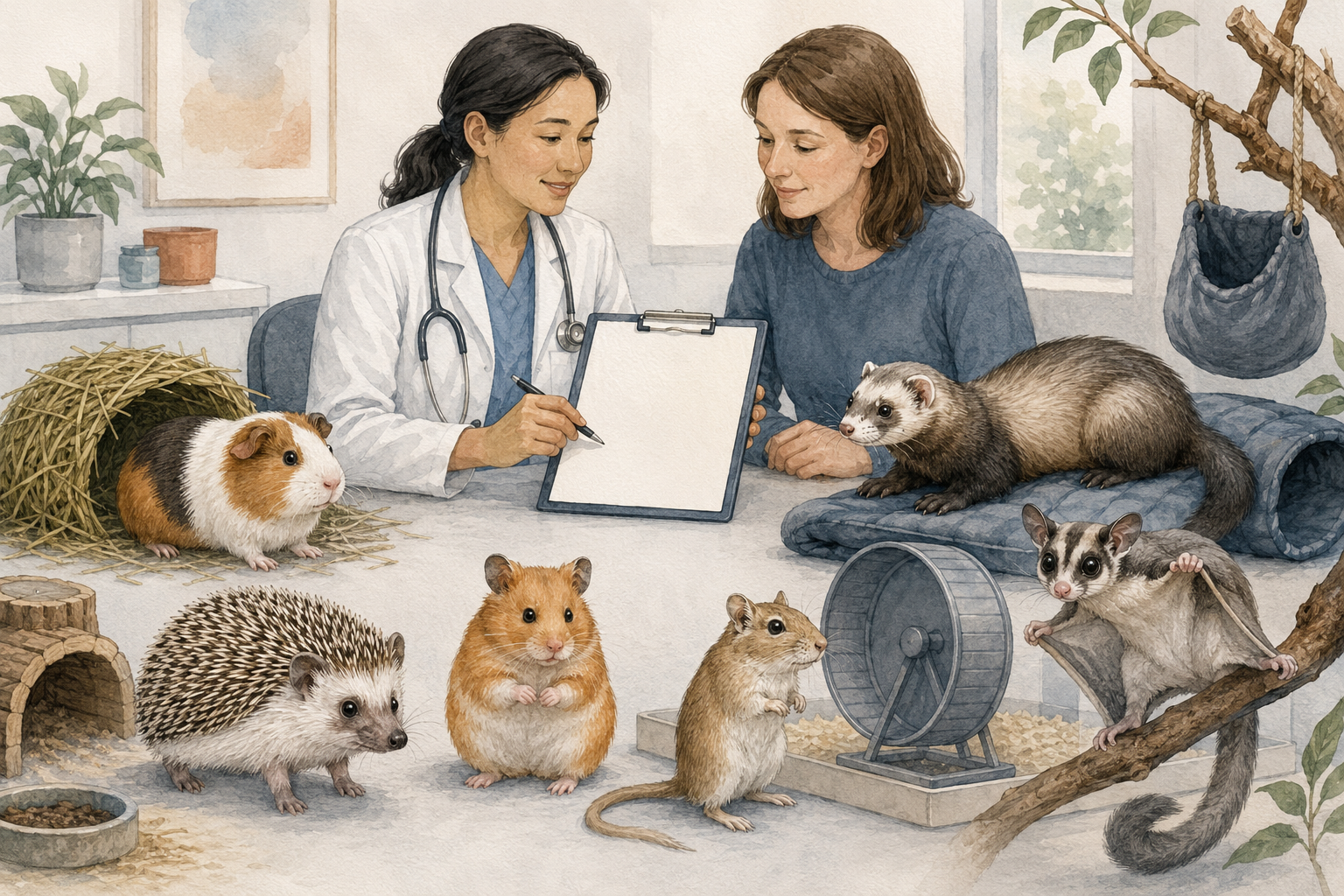 Original illustration introducing multiple companion small-mammal species