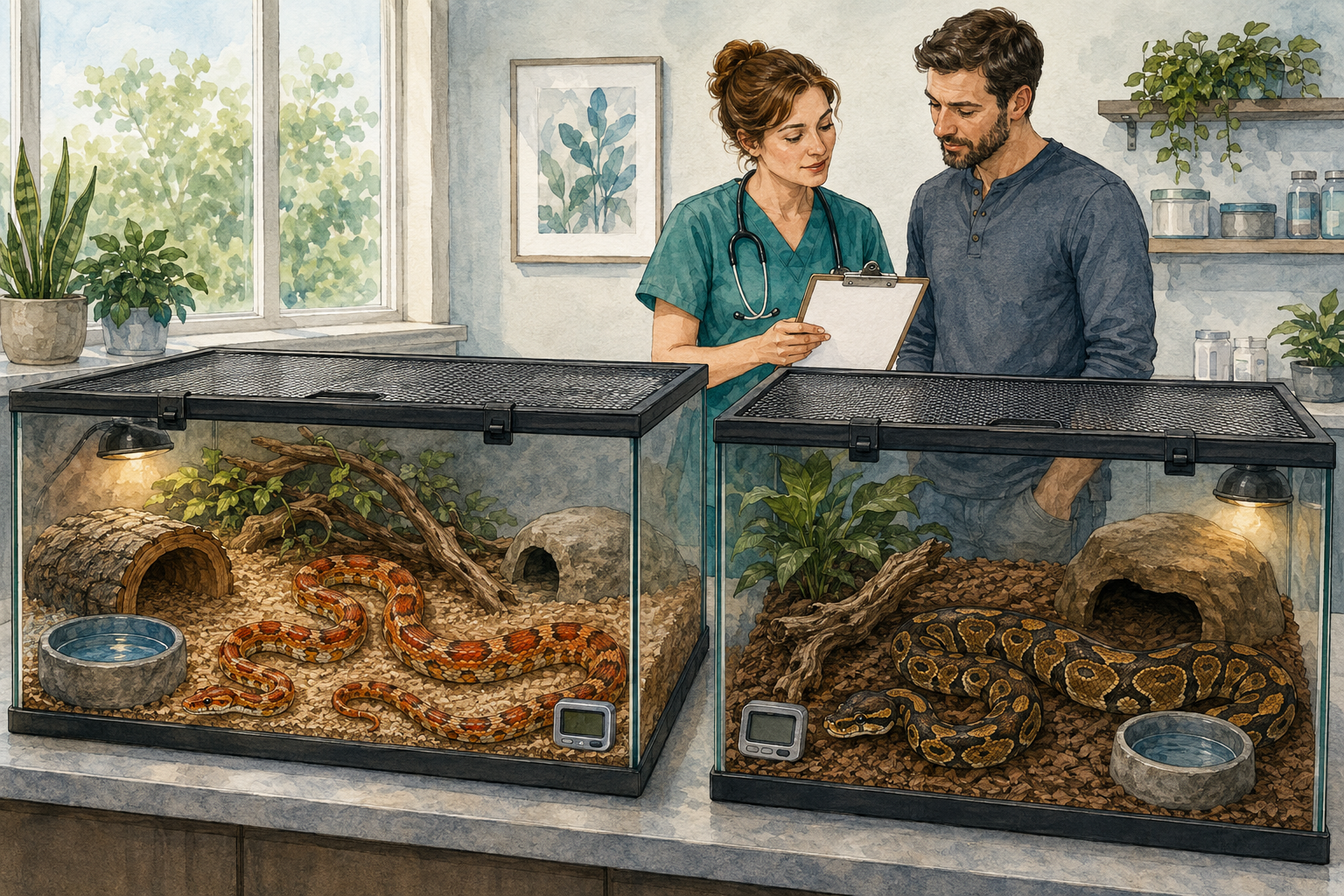 Veterinarian and owner reviewing secure habitats for a corn snake and ball python
