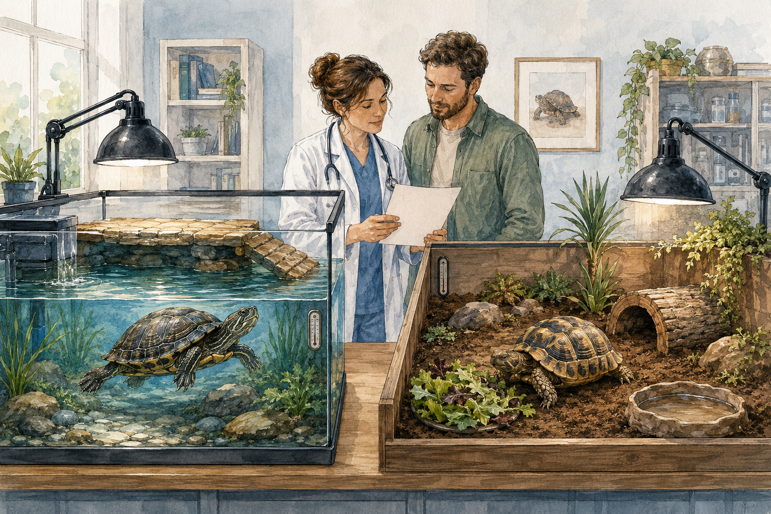 Veterinarian and owner reviewing separate habitats for an aquatic turtle and terrestrial tortoise